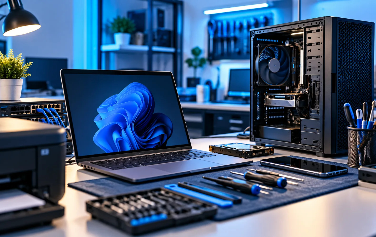 Bancada técnica com equipamentos de informática